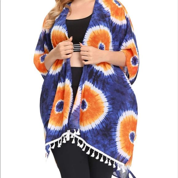 Women’s Floral Kimono Wrap/coverup Size 2X Orange and blue and white tie-dye NWT - Picture 1 of 3